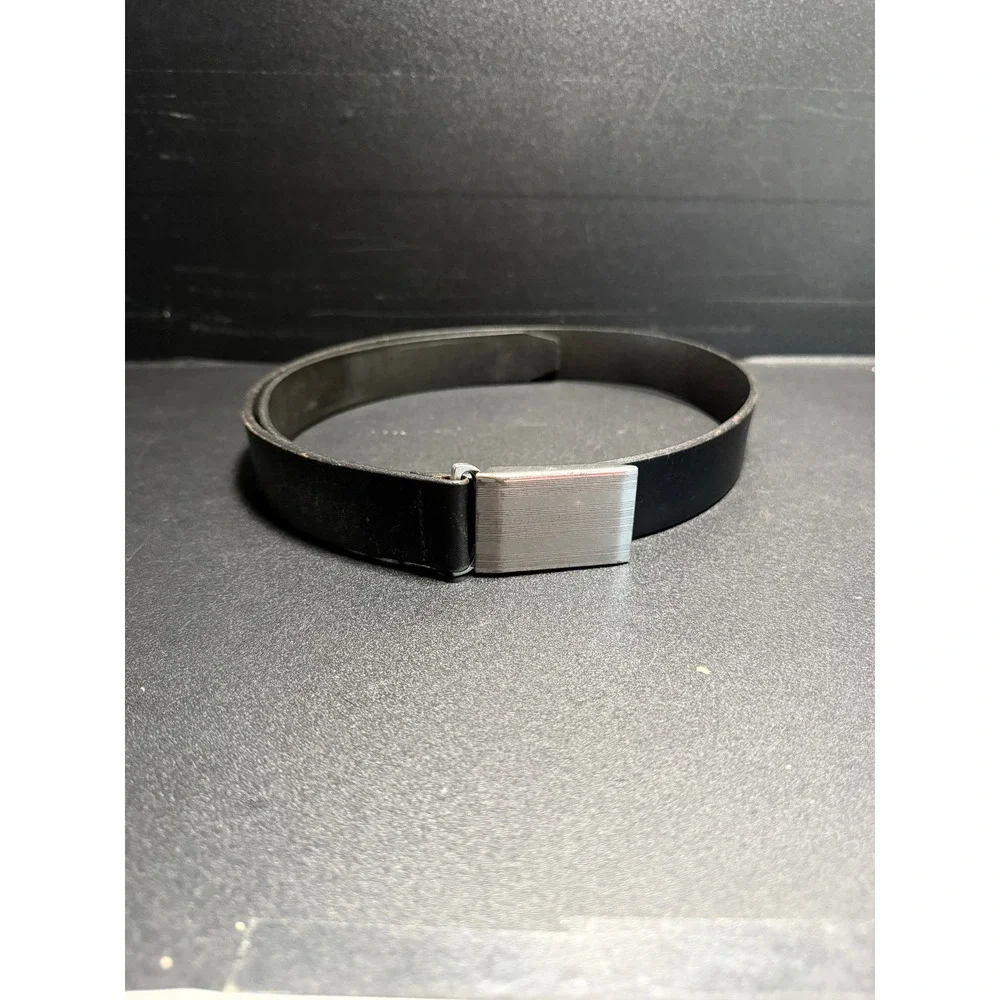 Banana Republic Mens Black Leather Belt Silver Plaque Slide Buckle USA Office